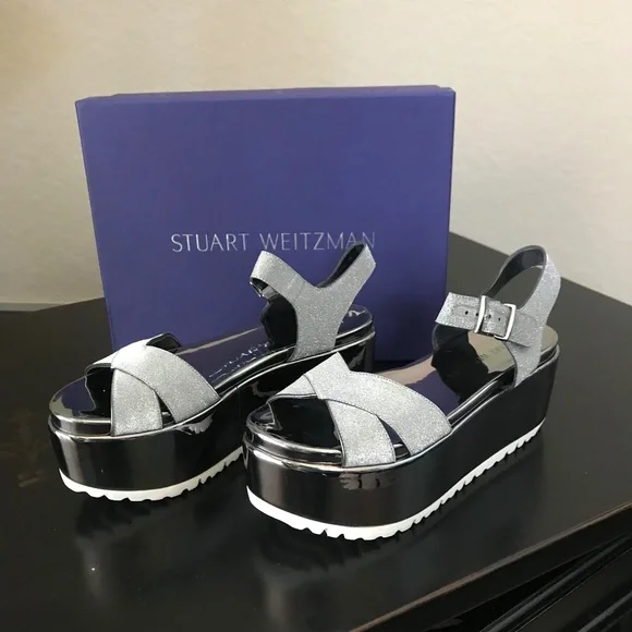Stuart Weitzman Crosspath Pewter Glitterati Platform Sandals .NWT. Size 7N - Picture 1 of 9